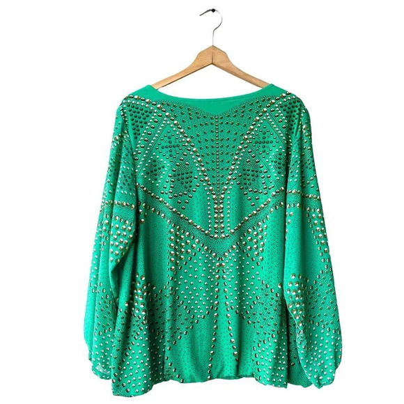 ALFANI Women’s Knit Top Jewel Rhinestones Printed Sheer Sleeve Blouse Plus 3X - Picture 2 of 3
